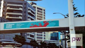 Wellington Pasifika Festival 2021 advertised on pedestrian over bridge.